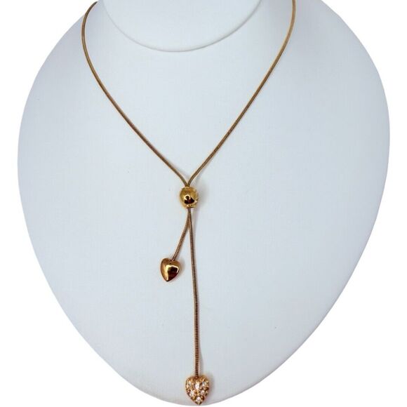 Gold Tone Double Heart Lariat Chain Necklace 22" Rhinestone Love Valentines Day - Picture 2 of 8